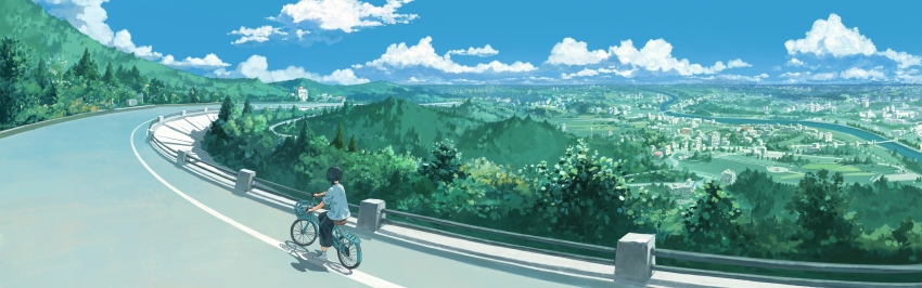 1girl, absurdres, bicycle, black_hair, black_pants, blue_sky, chinese_commentary, cloud, commentary_request, day, feitu233, forest, grey_shirt, highres, hill, horizon, incredibly_absurdres, landscape, nature, original, outdoors, pants, ponytail, retaining_wall, riding, riding_bicycle, river, road, scenery, shadow, shirt, shoes, short_hair, short_ponytail, short_sleeves, sky, solo, sunlight, town, tree, white_shoes, wide_shot