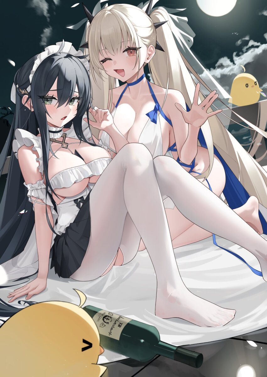 2girls, azur_lane, bare_shoulders, barefoot, black_hair, bottle, breasts, cleavage