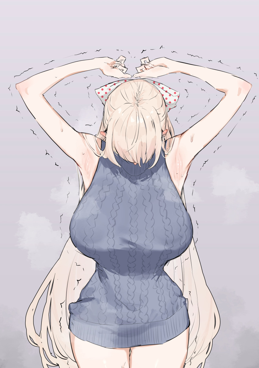 1girl, absurdres, alternate_costume, armpits, arms_up, bare_arms, black_survival, blonde_hair