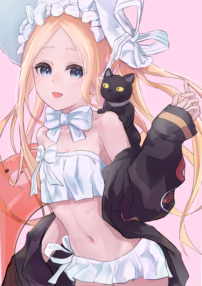 1girl, abigail_williams_(fate), abigail_williams_(swimsuit_foreigner)_(fate), abigail_williams_(swimsuit_foreigner)_(third_ascension)_(fate), absurdres, bare_shoulders, bikini, black_jacket