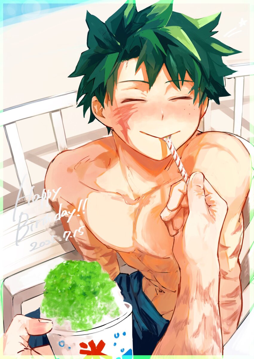 2boys, abs, alternate_costume, birthday_date, blue_shorts, boku_no_hero_academia, closed_eyes, collarbone