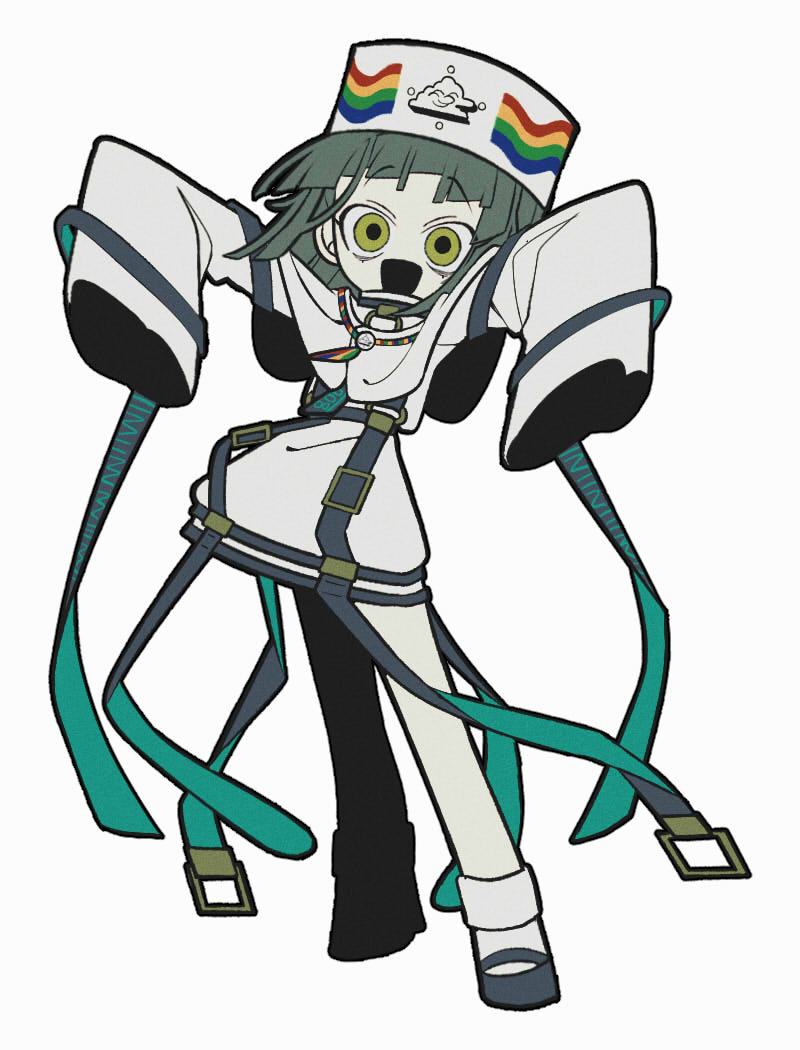 1girl, a-pose, asymmetrical_bangs, blunt_bangs, full_body, green_eyes, green_hair, hands_up