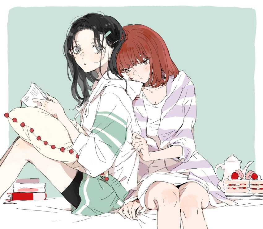 2girls, black_hair, book, breasts, cake, cleavage, clothes_grab, food