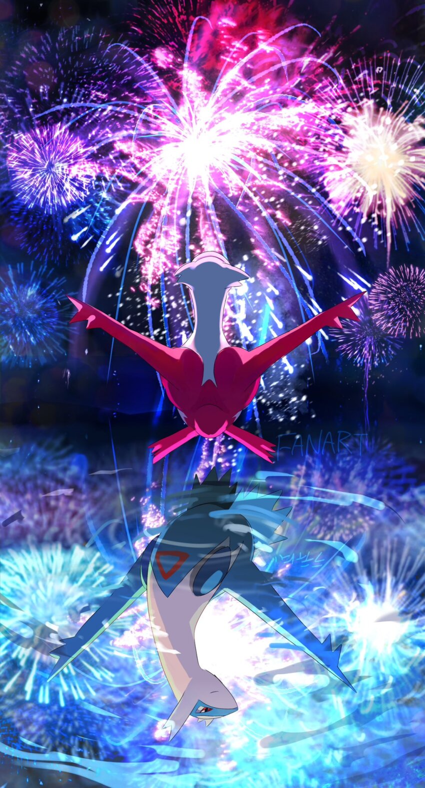 aerial_fireworks, claws, closed_mouth, dragon, fireworks, full_body, gen_3_pokemon, highres, latias, latios, legendary_pokemon, night, nintendo, no_humans, outdoors, pokemon, pokemon_(creature), pokemon_focus, red_eyes, reflection, reflective_liquid, sayonalatios, sky, smile, water, wings