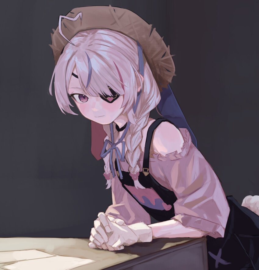 1girl, absurdres, ahoge, blush, braid, desk, eyepatch, gloves