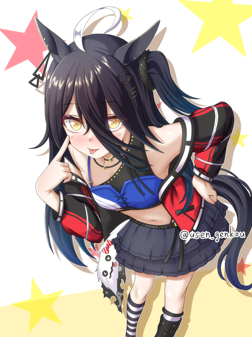 1girl, ahoge, animal_ears, black_hair, black_skirt, blue_shirt, cosplay, crop_top