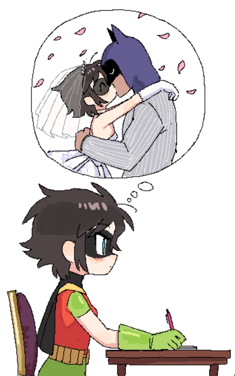 1boy, 1girl, arm_around_another's_waist, batman, batman_(series), belt, black_capelet, black_hair