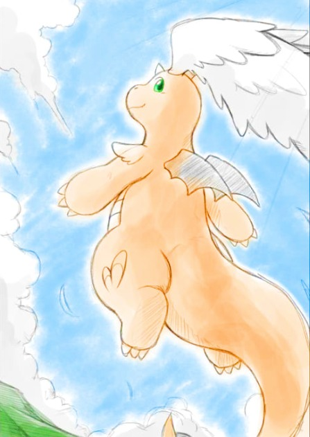 blue_sky, claws, cloud, cloudy_sky, commentary, dragonite, flying, from_behind