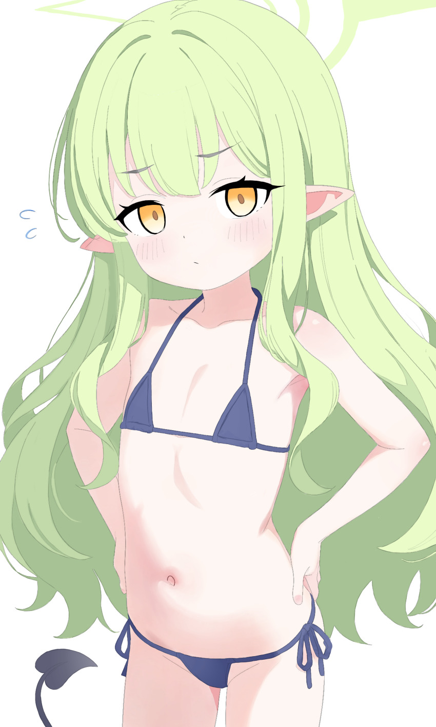 1girl, absurdres, alternate_costume, bare_shoulders, bikini, black_tail, blue_archive, blue_bikini, breasts, cleavage, closed_mouth, collarbone, commentary, cowboy_shot, demon_girl, demon_tail, dot_mouth, dot_nose, earrings, fingernails, flat_chest, flying_sweatdrops, green_hair, green_halo, groin, hair_between_eyes, hair_over_shoulder, halo, hands_on_own_hips, highres, hikari_(blue_archive), jewelry, light_blush, loli, long_hair, looking_at_viewer, navel, pointy_ears, risa_rierisa, side-tie_bikini_bottom, sidelocks, simple_background, solo, standing, stomach, string_bikini, swimsuit, tail, thighs, very_long_hair, white_background, yellow_eyes