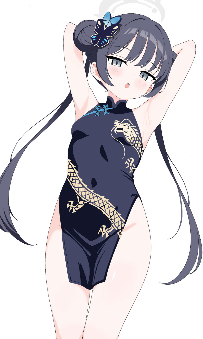 1girl, absurdres, armpits, arms_behind_head, black_dress, black_hair, blue_archive, breasts