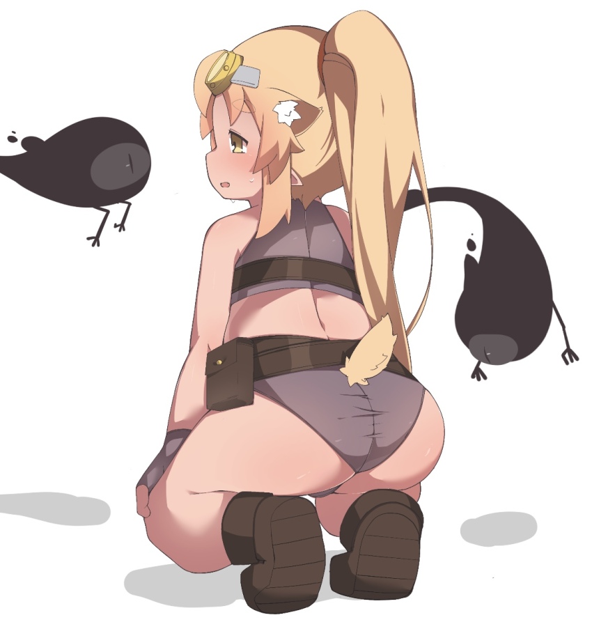 1girl, animal_ear_fluff, animal_ears, ass, belt, creature, goggles, goggles_on_head