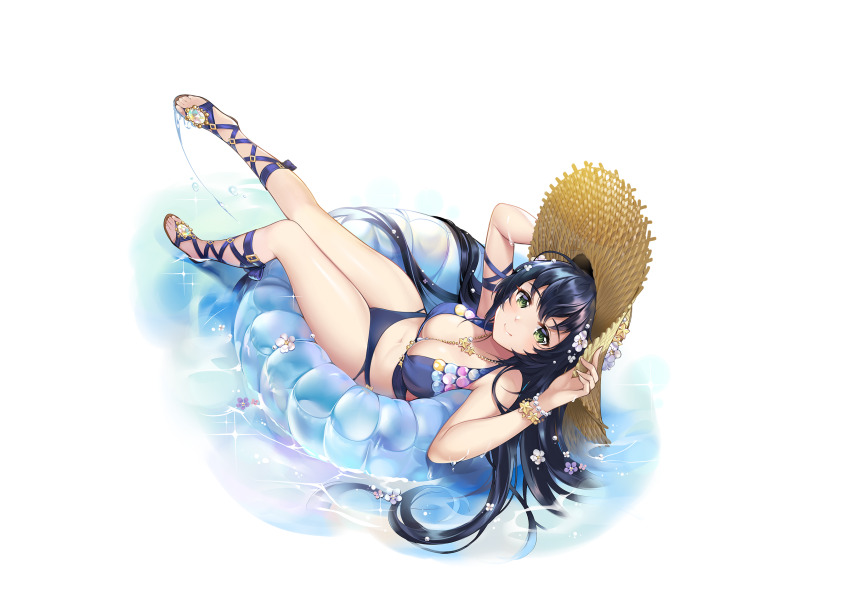1girl, ankle_lace-up, artist_request, bikini, black_hair, blue_bikini, blue_ribbon, bracelet, breasts, buckle, cleavage, commentary, commentary_request, english_commentary, floating_hair, flower, full_body, gem, green_eyes, hair_flower, hair_ornament, hand_on_headwear, hat, hat_flower, highres, innertube, jewelry, king's_raid, korean_commentary, large_breasts, long_hair, mediana, mixed-language_commentary, necklace, official_alternate_costume, official_art, on_innertube, pearl_bracelet, pink_flower, purple_flower, ribbon, second-party_source, smile, solo, star_bracelet, straw_hat, sun_hat, swim_ring, swimsuit, water, wet, white_flower