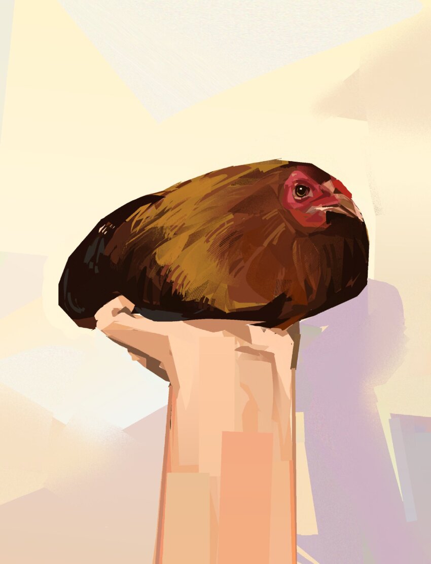 1other, animal, animal_focus, bird, chicken, close-up, highres, holding, holding_animal, junbuug, meme, original, out_of_frame, painterly, parody, pov, pov_hands, rooster, shadow