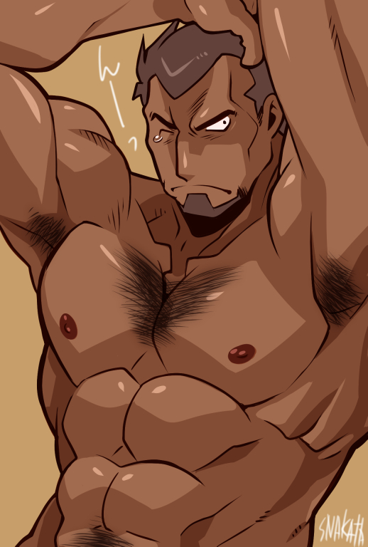 1boy, abs, armpit_hair, arms_up, bara, brown_hair, chest_hair, closed_mouth