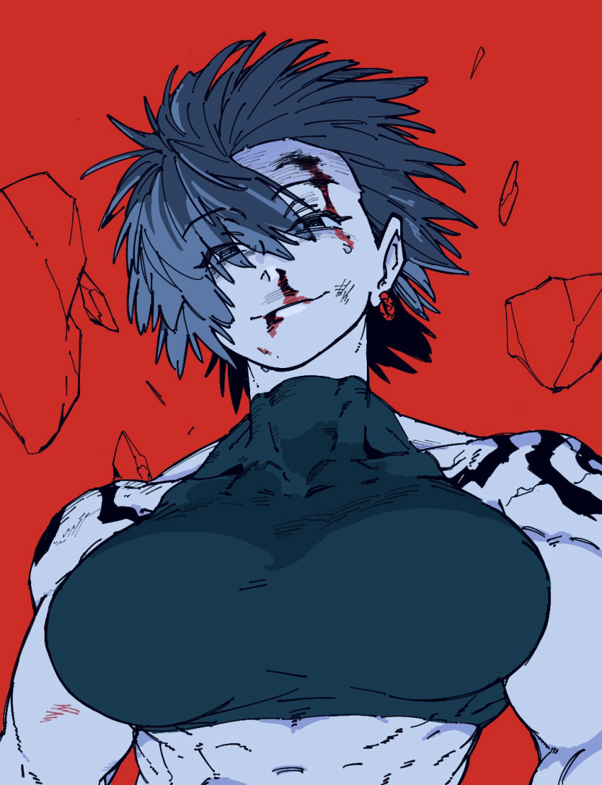 1girl, abs, biceps, bleeding, blood, blood_from_mouth, blood_on_face, breasts