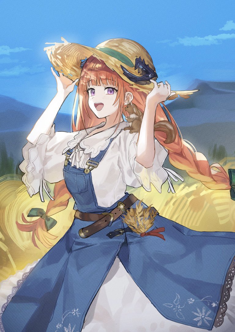 1girl, adjusting_clothes, adjusting_headwear, animal, animal_on_shoulder, apron, arknights, bagpipe_(arknights)