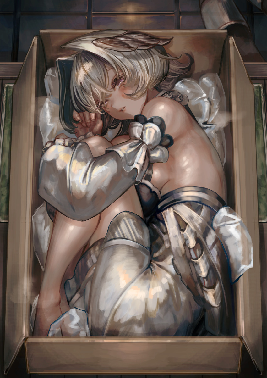 absurdres, box, carpet, detached_sleeves, dress, feet, green_carpet, highres, in_container, looking_at_viewer, no_bra, soleil_(soleilmtfbwy03), white_dress, white_hair