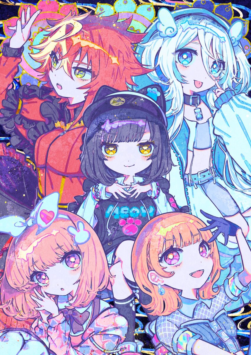 5girls, angel_wings, animal_hat, arm_up, arms_up, belt_collar, black_gloves, black_hair