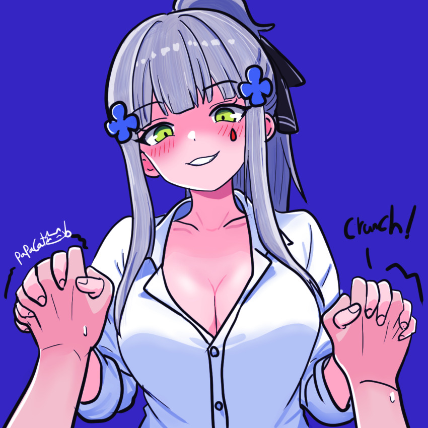 1girl, 1other, assertive_female, blush, breasts, cleavage, commander_(girls'_frontline), commentary