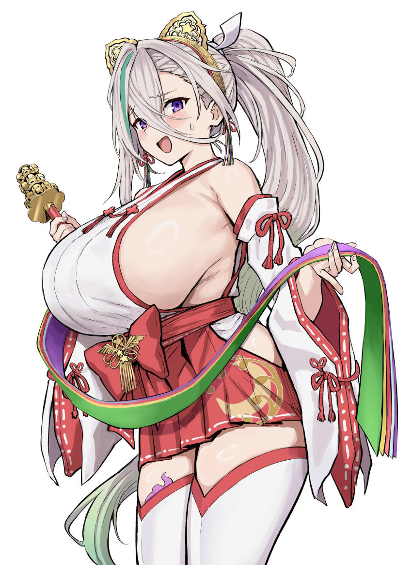 1girl, animal_ear_hairband, animal_ears, bare_shoulders, blush, breasts, cat_ears, detached_sleeves, fake_animal_ears, fate/grand_order, fate_(series), grey_hair, hair_between_eyes, hairband, high_ponytail, highres, huyan_zhuo_(fate), japanese_clothes, kimono, large_breasts, long_hair, looking_at_viewer, miko, nakagasukima, nontraditional_miko, open_mouth, platform_sandals, ponytail, purple_eyes, red_skirt, ribbon, sandals, sideboob, skirt, sleeveless, sleeveless_kimono, smile, solo, thighhighs, thighs, very_long_hair, white_kimono, white_thighhighs, wide_sleeves