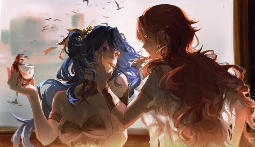 2girls, armlet, augusta_(wuthering_waves), bare_shoulders, bird, blue_eyes, blue_hair, breasts, closed_mouth, commentary, cup, dress, drinking_glass, earrings, eating, english_commentary, eye_contact, food, french_fries, gold_bra, guii1210, hand_on_another's_face, head_wreath, highres, holding, holding_cup, iuno_(wuthering_waves), jewelry, long_hair, looking_at_another, medium_breasts, multiple_girls, orange_eyes, orange_hair, sun_earrings, upper_body, white_dress, wuthering_waves