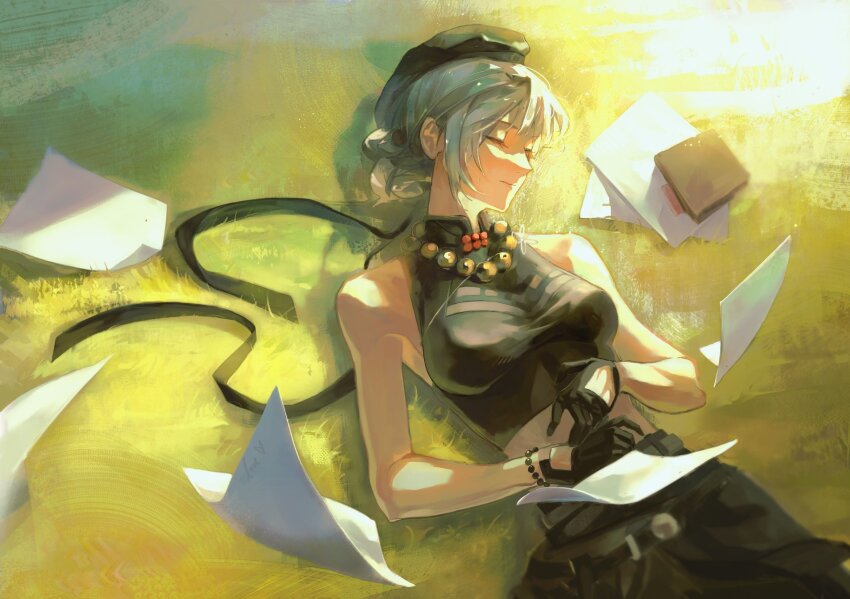 1girl, bare_shoulders, beret, black_gloves, black_hat, black_ribbon, black_shirt, black_skirt