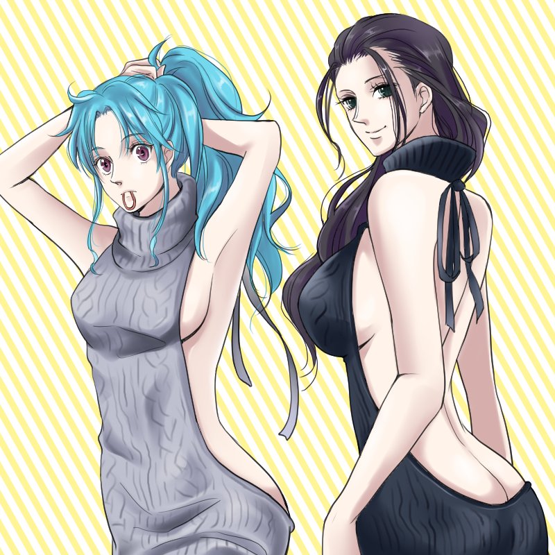 2girls, aqua_hair, backless_dress, backless_outfit, black_dress, black_hair, blue_eyes, botan_(yu_yu_hakusho)