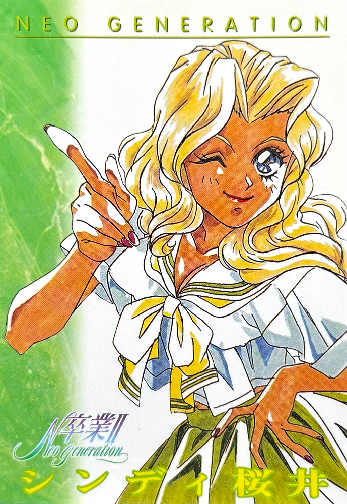 1990s_(style), 1girl, blonde_hair, blue_eyes, breasts, cindy_sakurai, cleavage, copyright_name