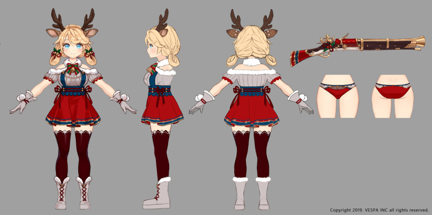 1girl, animal_ears, antlers, bell, blonde_hair, blue_eyes, boots, breasts