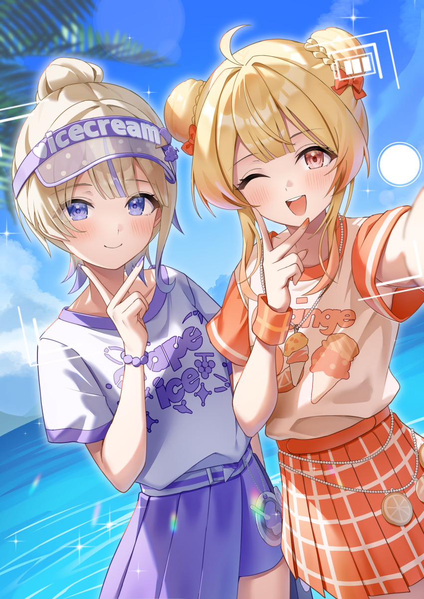 2girls, absurdres, ahoge, belt, blonde_hair, blue_skirt, blush, bow