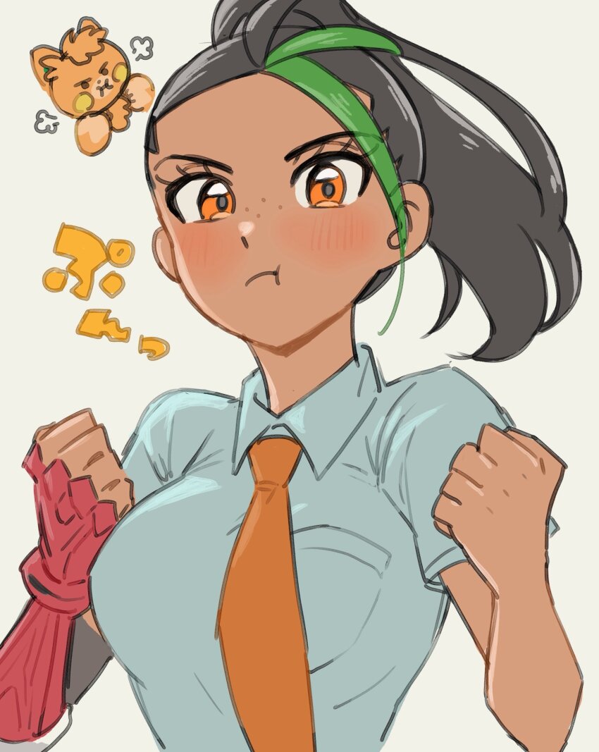 1girl, black_hair, blush, breasts, closed_mouth, collared_shirt, dark-skinned_female, dark_skin