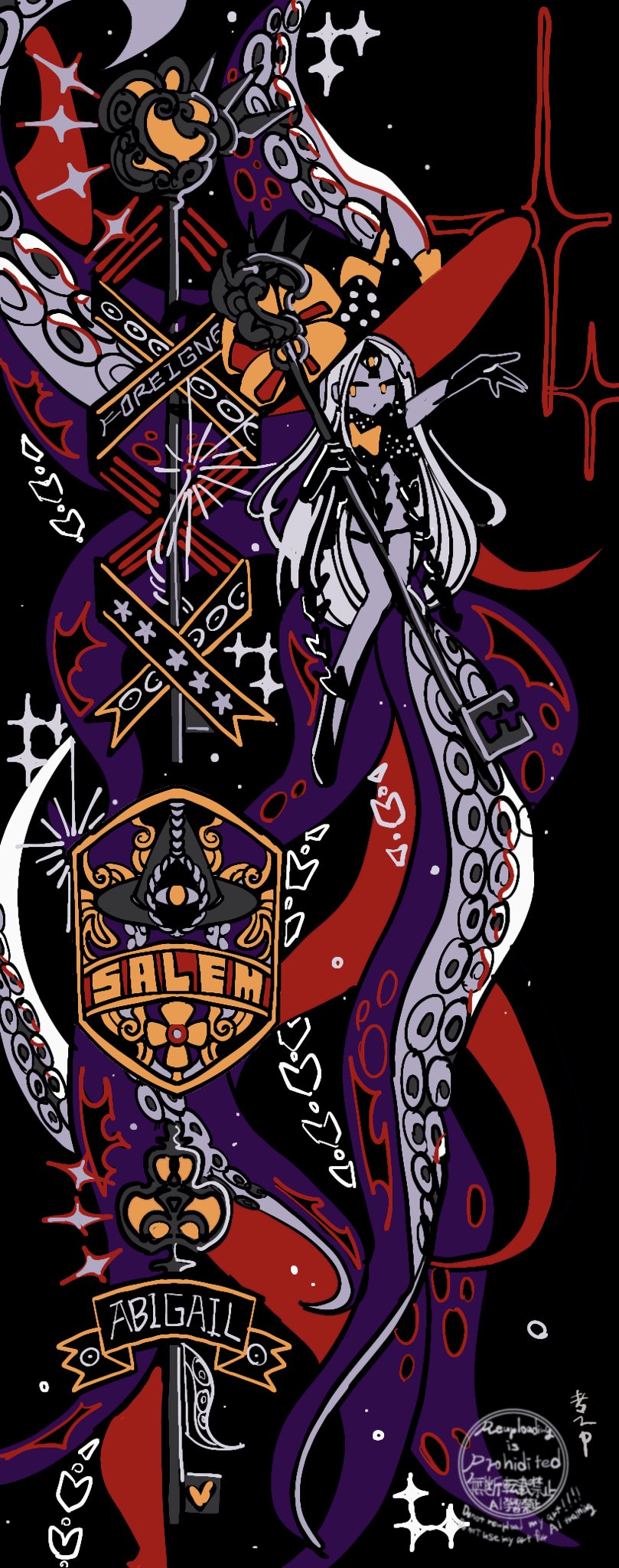 1girl, abigail_williams_(fate), abigail_williams_(third_ascension)_(fate), black_background, black_bow, black_feet, black_hands, black_hat