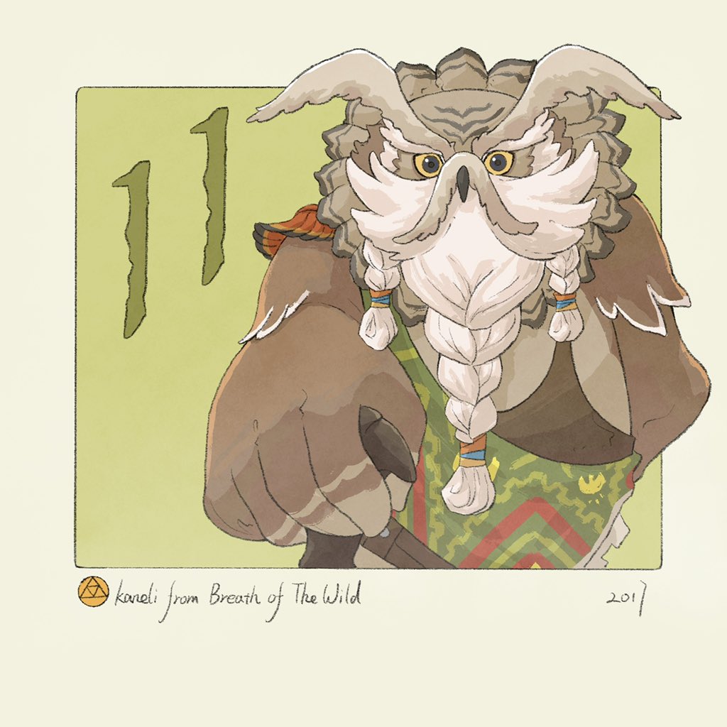 1boy, braid, braided_beard, character_name, commentary, copyright_name, english_commentary, facial_hair, green_background, kaneli_(zelda), looking_at_viewer, male_focus, nintendo, owl_boy, rito, solo, the_legend_of_zelda, the_legend_of_zelda:_breath_of_the_wild, triforce, yangyaozigo