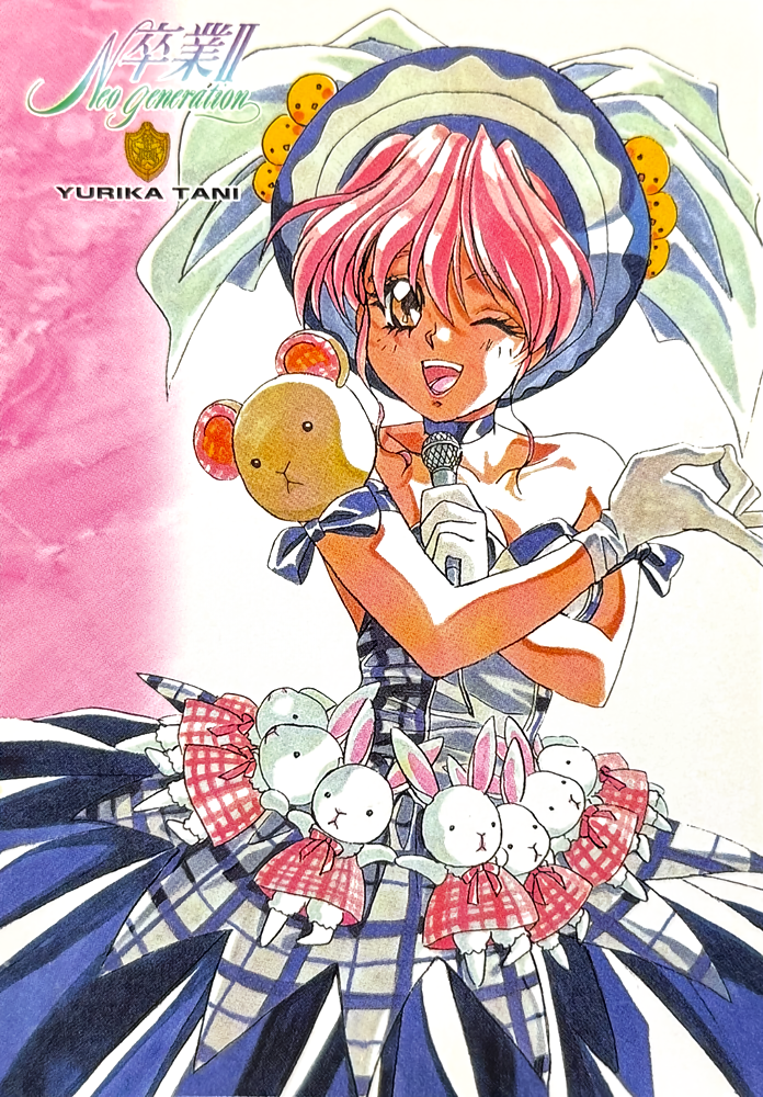 1990s_(style), 1girl, blue_choker, breasts, brown_eyes, character_name, choker, cleavage