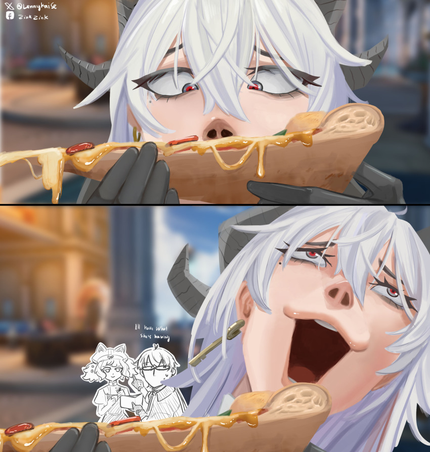 1boy, 2girls, absurdres, artist_name, bags_under_eyes, black_eyes, black_gloves, black_horns