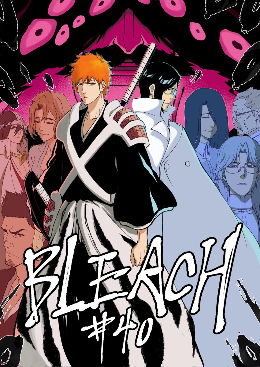 3girls, 6+boys, armor, beard, black_hair, black_hakama, black_kimono, bleach