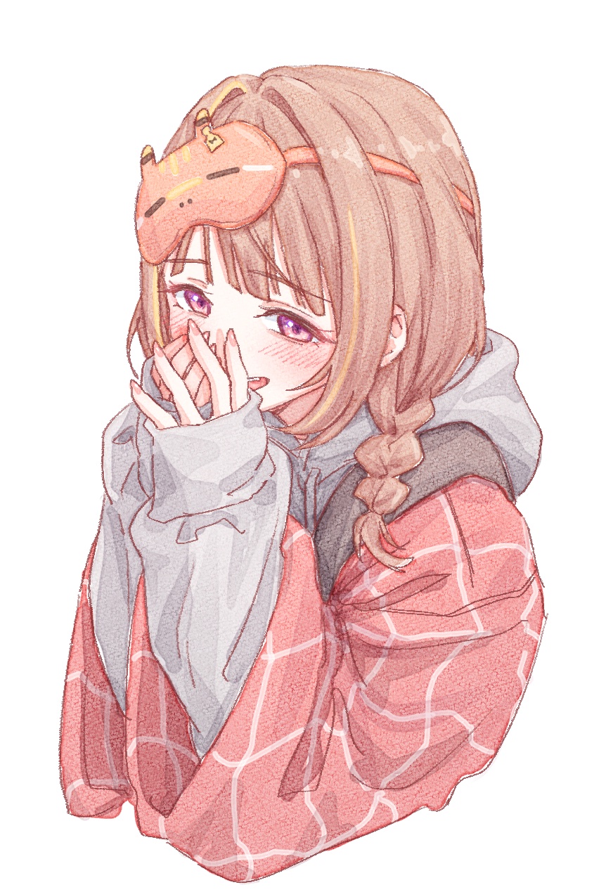 1girl, blush, braid, brown_hair, covering_own_mouth, cropped_torso, grey_hoodie, grid_print