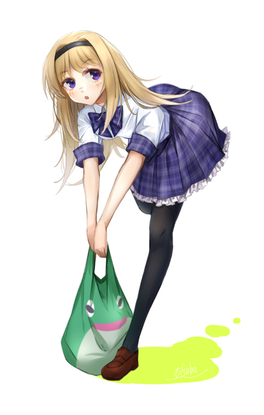 1girl, bag, bent_over, black_hairband, black_pantyhose, blonde_hair, blush, bow