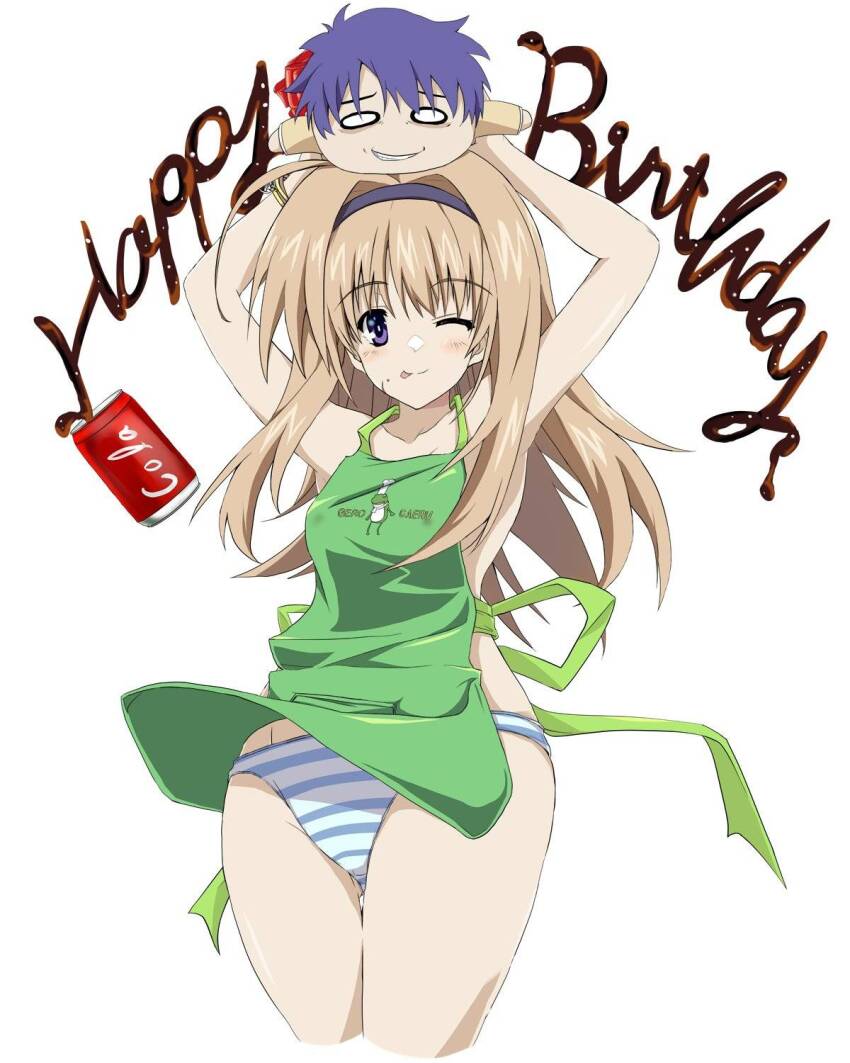 1girl, ahoge, apron, arms_up, bad_discord_link, bad_link, black_hairband, blonde_hair