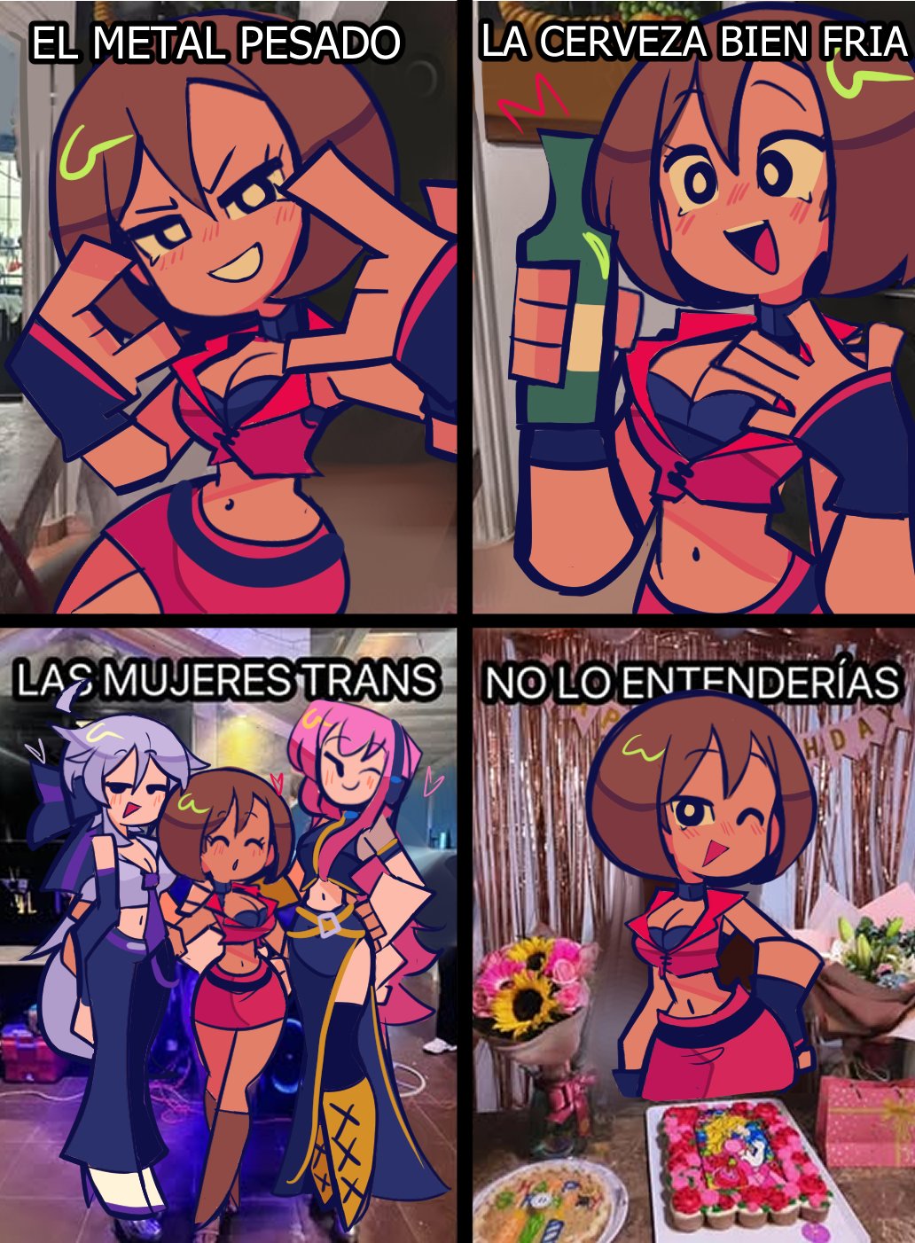 3girls, 4koma, \n/, ahoge, bag, belt, birthday_cake, black_belt