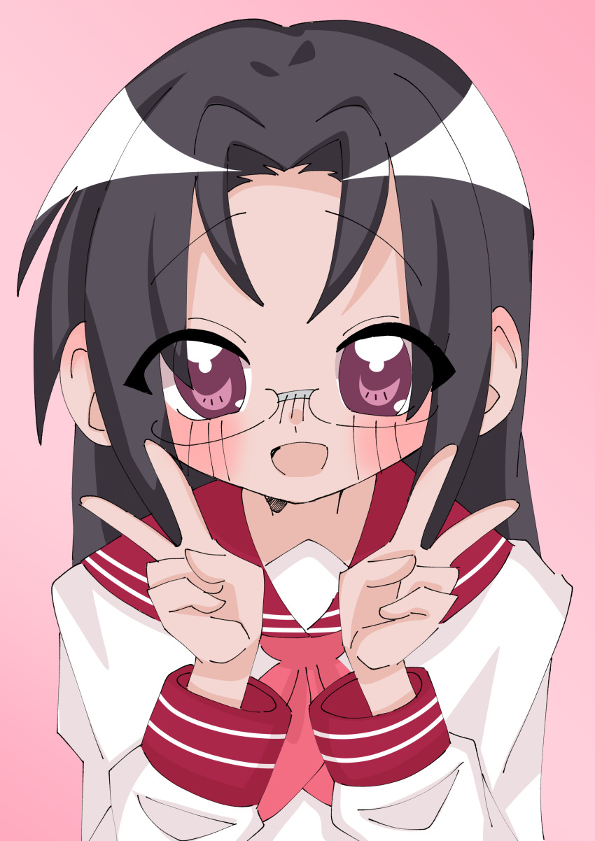 1girl, :d, absurdres, black_hair, blush, cat_k, double_v, glasses, highres, long_hair, long_sleeves, looking_at_viewer, lucky_star, neckerchief, open_mouth, pink_background, pink_neckerchief, purple_eyes, red_sailor_collar, ryouou_school_uniform, sailor_collar, school_uniform, serafuku, shirt, simple_background, smile, tamura_hiyori, v, white_shirt