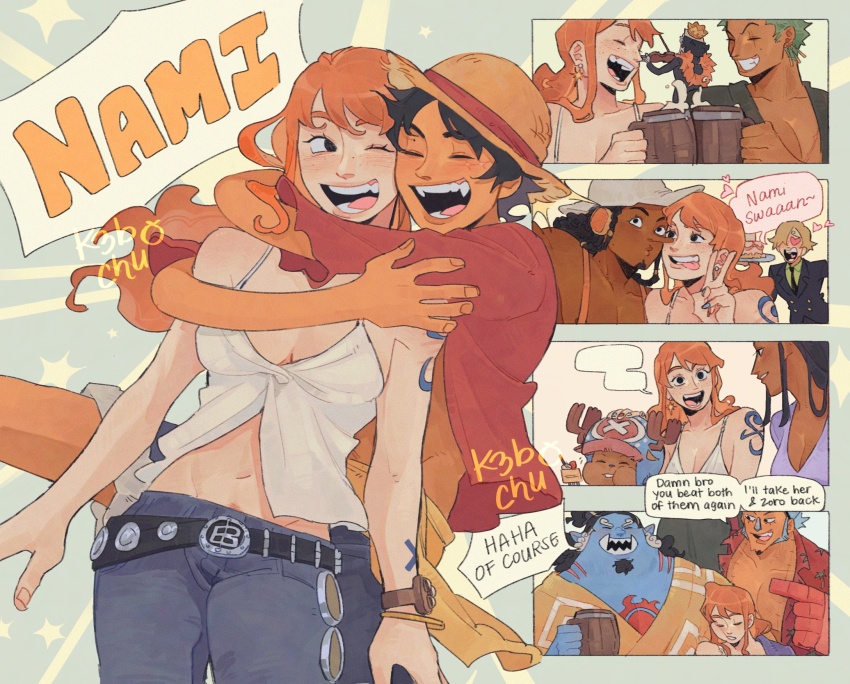 2025, 2girls, 6+boys, antlers, arms_around_neck, bangle, bare_shoulders, beer_mug, belt, belt_buckle, birthday, black_hair, black_jacket, blonde_hair, blue_hair, blush, bracelet, breasts, brook_(one_piece), buckle, camisole, character_name, cleavage, closed_eyes, commentary, cowboy_shot, crown, cup, dark-skinned_female, dark-skinned_male, dark_skin, denim, english_commentary, english_text, fangs, fish_boy, franky_(one_piece), gold_crown, green_hair, grin, hat, heart, heart-shaped_eyes, highres, holding, holding_cup, holding_instrument, holding_violin, horns, hug, instrument, jacket, jeans, jewelry, jinbe_(one_piece), keb_(k3bchu), log_pose, long_hair, long_nose, looking_at_another, midriff_peek, monkey_d._luffy, mug, multiple_boys, multiple_girls, music, nami_(one_piece), navel, nico_robin, one_e, one_piece, open_mouth, orange_hair, pants, playing_instrument, red_shirt, reindeer_antlers, reindeer_boy, roronoa_zoro, sanji_(one_piece), shirt, short_hair, shoulder_tattoo, smile, spaghetti_strap, speech_bubble, straw_hat, straw_hat_pirates, tattoo, tongue, tongue_out, tony_tony_chopper, upper_body, usopp, v, violin, white_camisole