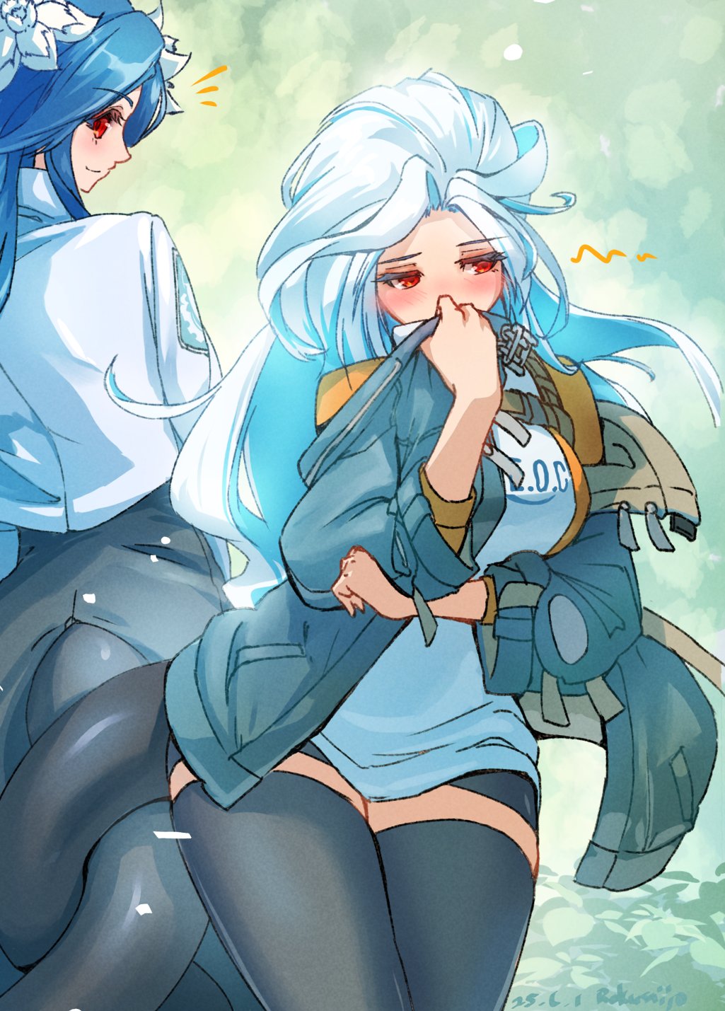 2girls, artist_name, bike_shorts, black_dress, black_thighhighs, blue_hair, blue_jacket, blush, breasts, commentary_request, dated, dizzy_(guilty_gear), dress, embarrassed, flower, guilty_gear, guilty_gear_strive, hair_flower, hair_ornament, highres, hugging_another's_tail, hugging_tail, jacket, large_breasts, long_hair, looking_back, mother_and_child, mother_and_daughter, multiple_girls, parent_and_child, queen_dizzy, red_eyes, rokusuijo, sidelocks, smile, swept_bangs, tail, tail_wrap, thick_eyelashes, thick_thighs, thighhighs, thighs, unika_(guilty_gear), zettai_ryouiki