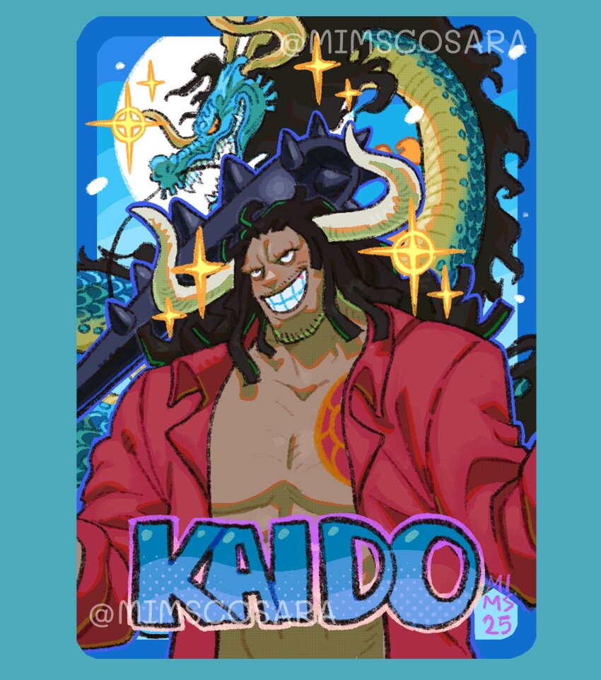 1boy, alternate_form, beard_stubble, black_hair, blunt_bangs, chest_tattoo, commentary, dragon