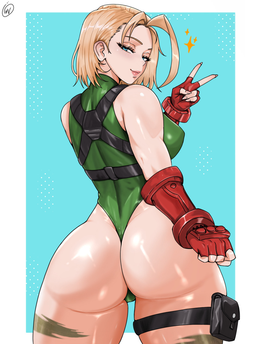 1girl, ass, blonde_hair, blue_background, blue_eyes, bodypaint, border, breasts, cammy_white, chest_harness, closed_mouth, commentary, commission, cowboy_shot, english_commentary, fingerless_gloves, from_behind, gloves, green_leotard, hand_up, harness, highleg, highleg_leotard, highres, large_breasts, leotard, looking_at_viewer, looking_back, outside_border, pixiv_commission, pouch, red_gloves, shiny_skin, short_hair, signature, smile, solo, standing, street_fighter, street_fighter_6, thigh_pouch, thigh_strap, thong_leotard, v, waifuviolenta, white_border
