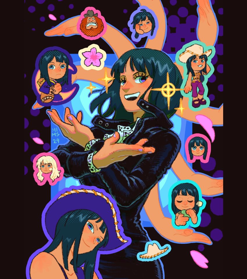 1girl, 2025, 2girls, bag, beard, black_dress, blue_eyes, blunt_bangs, commentary, cowboy_hat, crossed_arms, cup, dress, english_commentary, extra_arms, eyelashes, facial_hair, hana_hana_no_mi, hat, head_rest, highres, holding, holding_cup, jaguar_d._saul, long_beard, medium_hair, mimscosara, mother_and_child, mother_and_daughter, multiple_girls, multiple_views, nico_olvia, nico_robin, nico_robin_(skypiea), nico_robin_(thriller_bark), nico_robin_(water_7), nico_robin_(whisky_peak), one_piece, orange_hair, pants, parent_and_child, petals, pink_petals, purple_hat, purple_pants, shoulder_bag, smile, sparkle, white_hair, white_hat