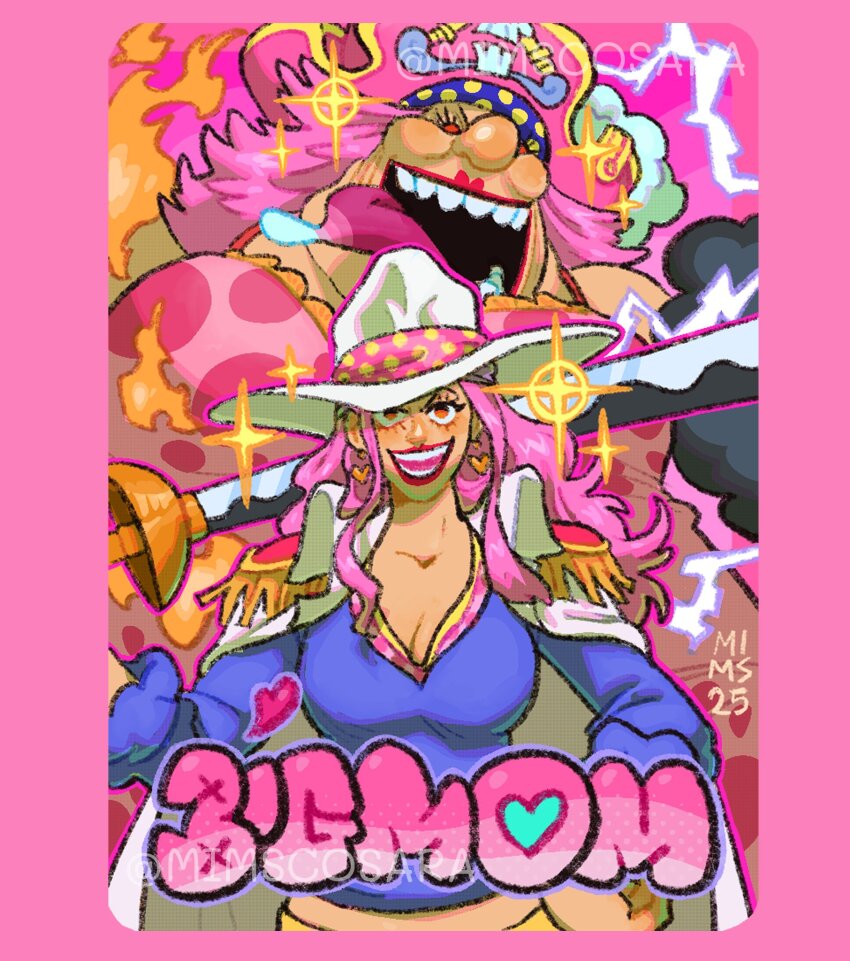 1girl, aged_down, charlotte_linlin, cloud, coat, coat_on_shoulders, collared_coat, commentary, electricity, english_commentary, eyelashes, fire, hand_on_own_hip, hat, highres, holding, holding_weapon, long_hair, mimscosara, multiple_views, one_piece, open_mouth, pink_background, pirate_hat, smile, sparkle, twitter_username, v-shaped_eyebrows, weapon, white_coat, white_hat