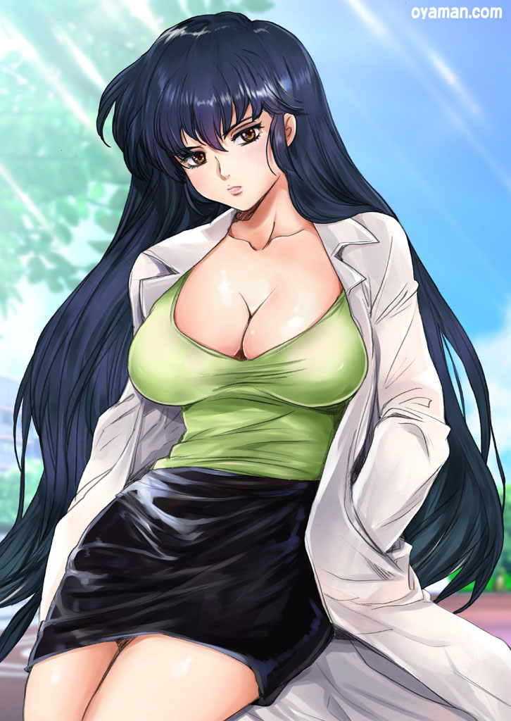 80s, black_hair, blue_sky, blush, breast_focus, breasts, brown_eyes, cleavage, lab_coat, large_breasts, lipstick, long_hair, looking_at_viewer, makeup, oldschool, outdoors, oyaman, pink_lips, retro_artstyle, sakura_(urusei_yatsura), skirt, sky, sunlight, sunlight_rays, thighs, thighs_focus, urusei_yatsura