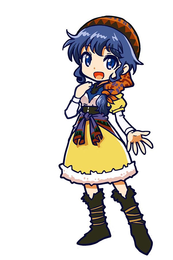 1girl, bandana, blue_eyes, blue_hair, chibi, closed_mouth, dress, full_body