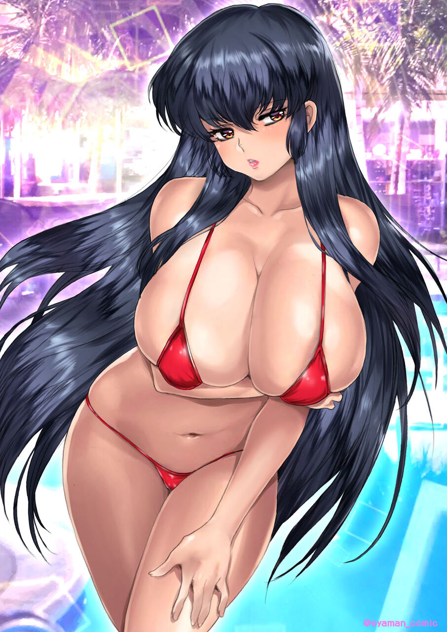 80s, bikini, black_hair, blush, breast_focus, breasts, brown_eyes, building